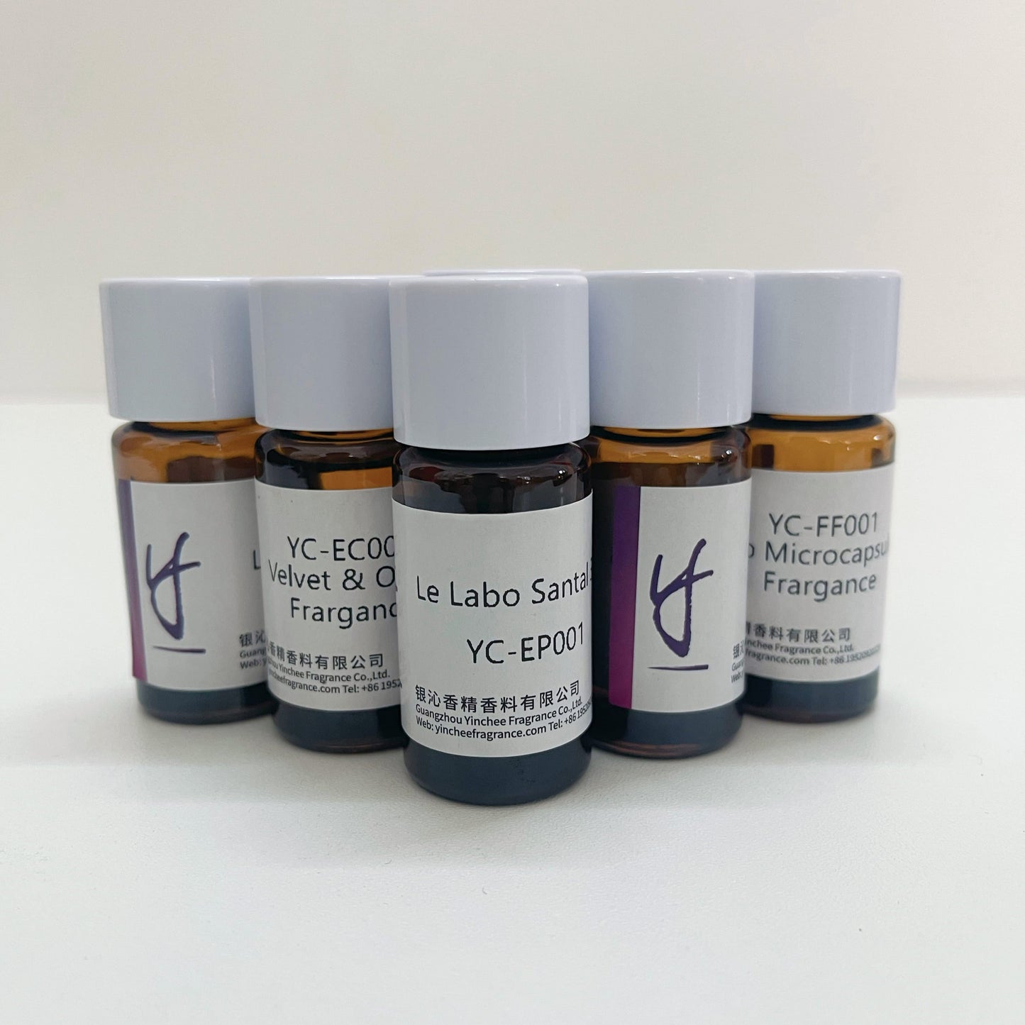 Row of Yinchee Household Cleaning Fragrance Oil sample vials for laundry & detergent formulation