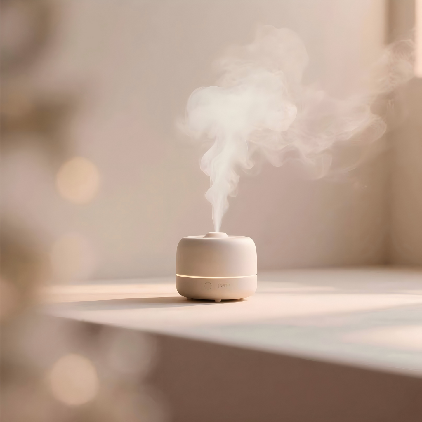 Electric diffuser misting Yinchee Air Care Fragrance Oil on wooden table