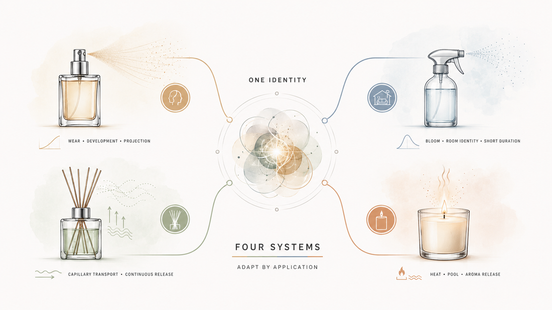 One scent direction adapted across perfume, room spray, reed diffuser and candle as four separate fragrance delivery systems