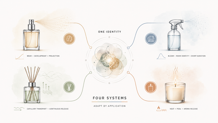 One scent direction adapted across perfume, room spray, reed diffuser and candle as four separate fragrance delivery systems
