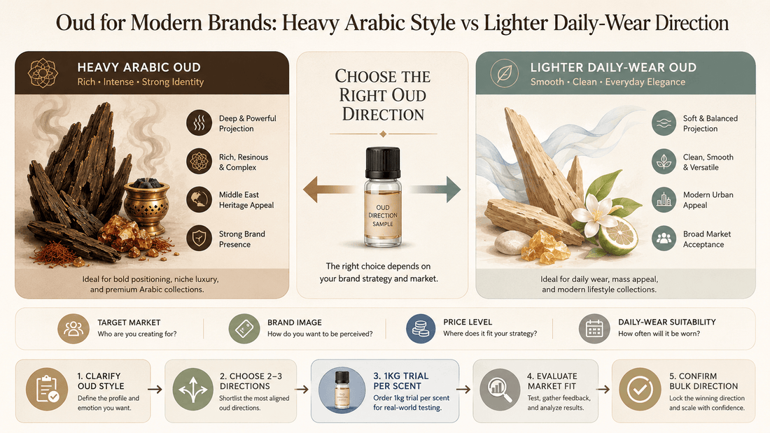 Perfume fragrance samples comparing heavy Arabic-style oud and lighter daily-wear oud directions