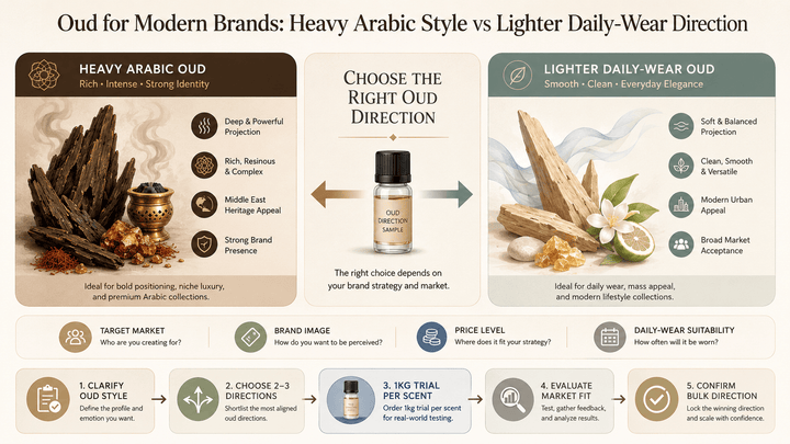 Perfume fragrance samples comparing heavy Arabic-style oud and lighter daily-wear oud directions