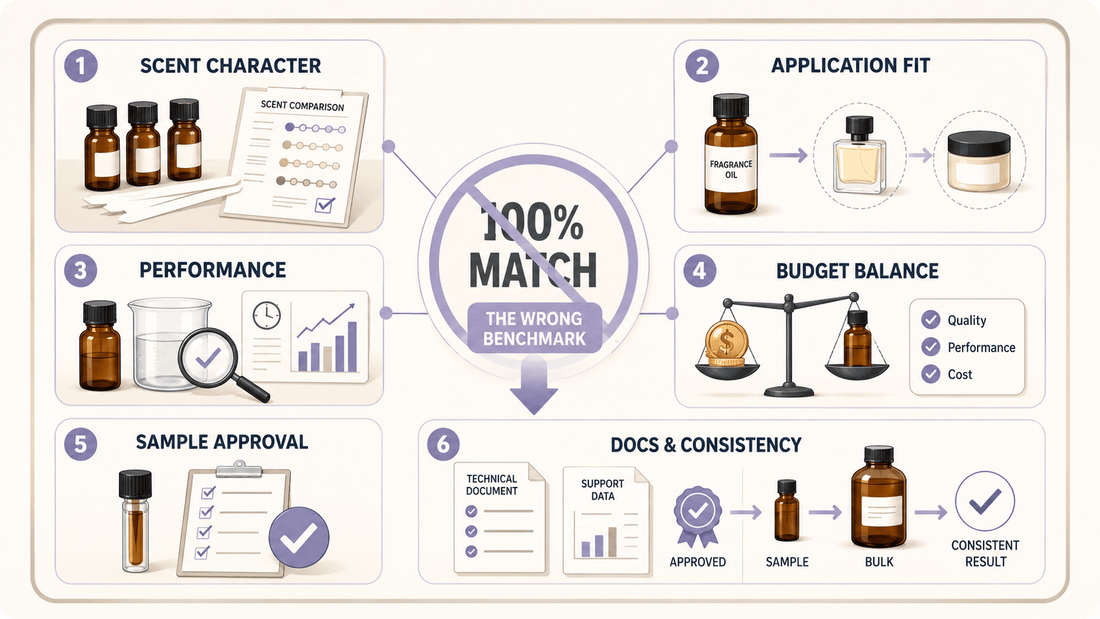 Perfume fragrance oil samples being compared during supplier evaluation