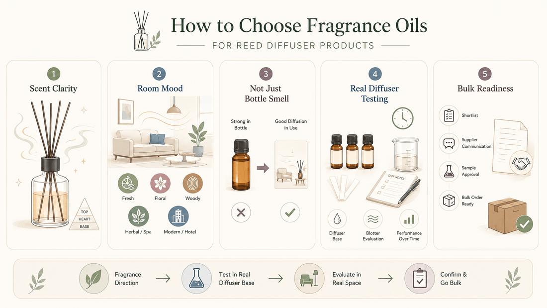 Reed diffuser fragrance oil samples and reeds for home fragrance product selection