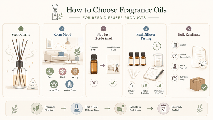 Reed diffuser fragrance oil samples and reeds for home fragrance product selection