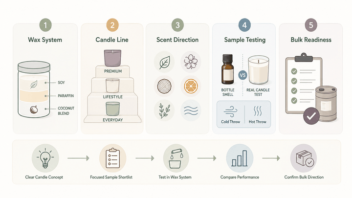 Candle fragrance oil samples, wax, and test candles prepared for new brand sourcing and evaluation