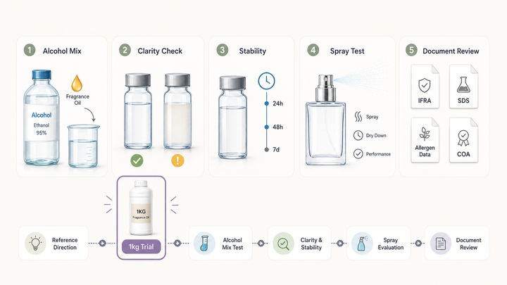 Perfume fragrance oil samples prepared for alcohol-based fine fragrance testing and document review