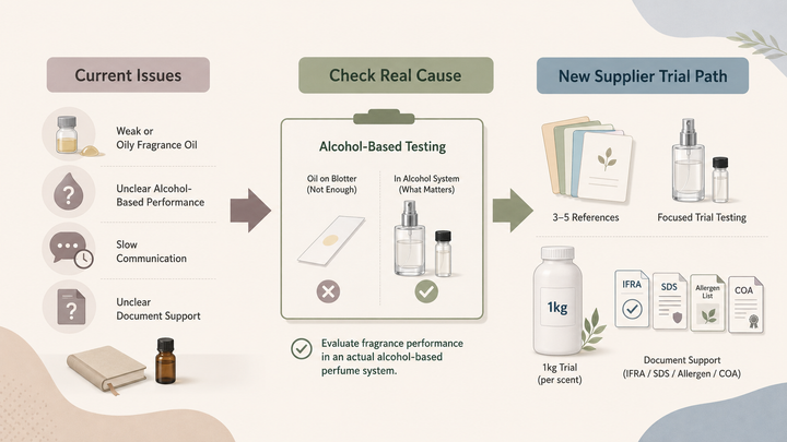 Perfume fragrance oil samples reviewed by a small perfume brand switching to a new fine fragrance supplier