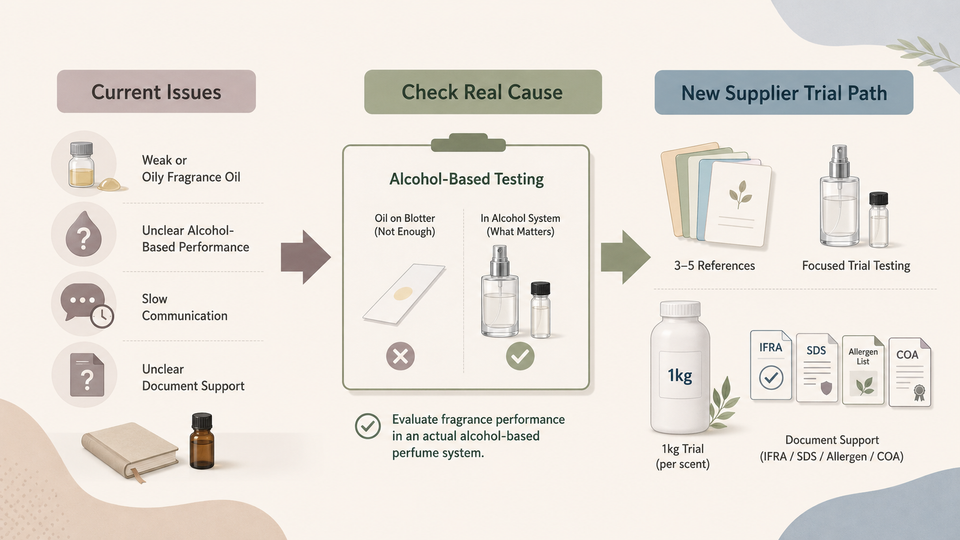 Perfume fragrance oil samples reviewed by a small perfume brand switching to a new fine fragrance supplier