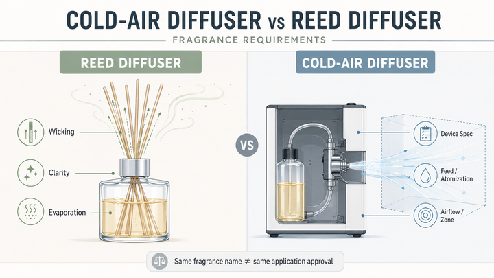 Commercial cold-air scent machine and reed diffuser compared for oil compatibility, viscosity, residue, wicking and HVAC performance