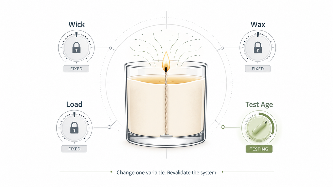 Weak candle hot throw diagnosed by testing wick, wax, fragrance load, process and test age one variable at a time