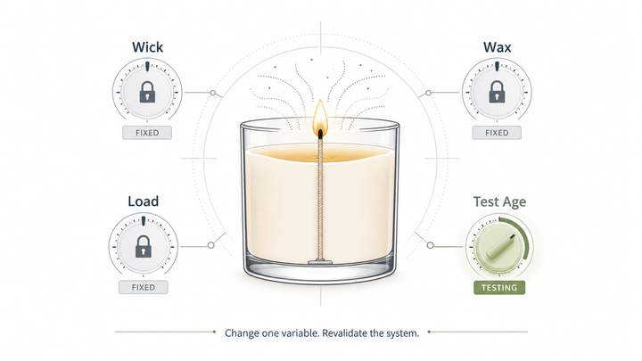 Weak candle hot throw diagnosed by testing wick, wax, fragrance load, process and test age one variable at a time