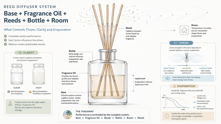 Reed diffuser base and fragrance oil tested for clarity, room throw, wicking and evaporation