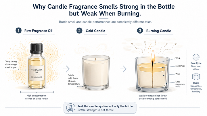 Strong candle fragrance oil in a bottle compared with weak hot throw from a burning candle