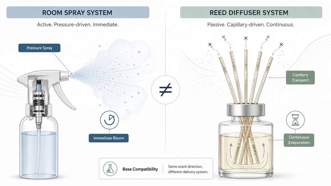 Room spray and reed diffuser using the same fragrance but showing different spray delivery, reed transport and compatibility results