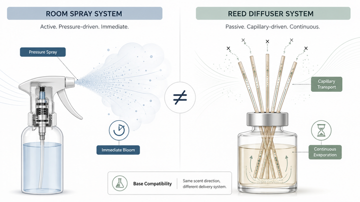 Room spray and reed diffuser using the same fragrance but showing different spray delivery, reed transport and compatibility results