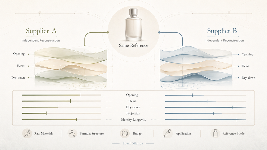 Two inspired fragrance oils for the same perfume compared by reference sample, raw materials, opening, heart and dry-down