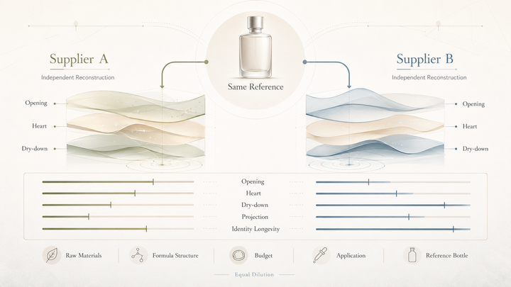 Two inspired fragrance oils for the same perfume compared by reference sample, raw materials, opening, heart and dry-down