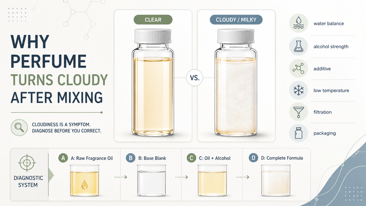 Cloudy alcohol-based perfume samples showing haze, sediment, crystals and phase separation