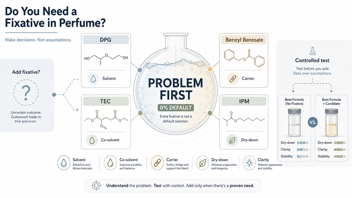 Perfume fixatives and solvents including DPG, TEC and benzyl benzoate compared for fragrance formulation