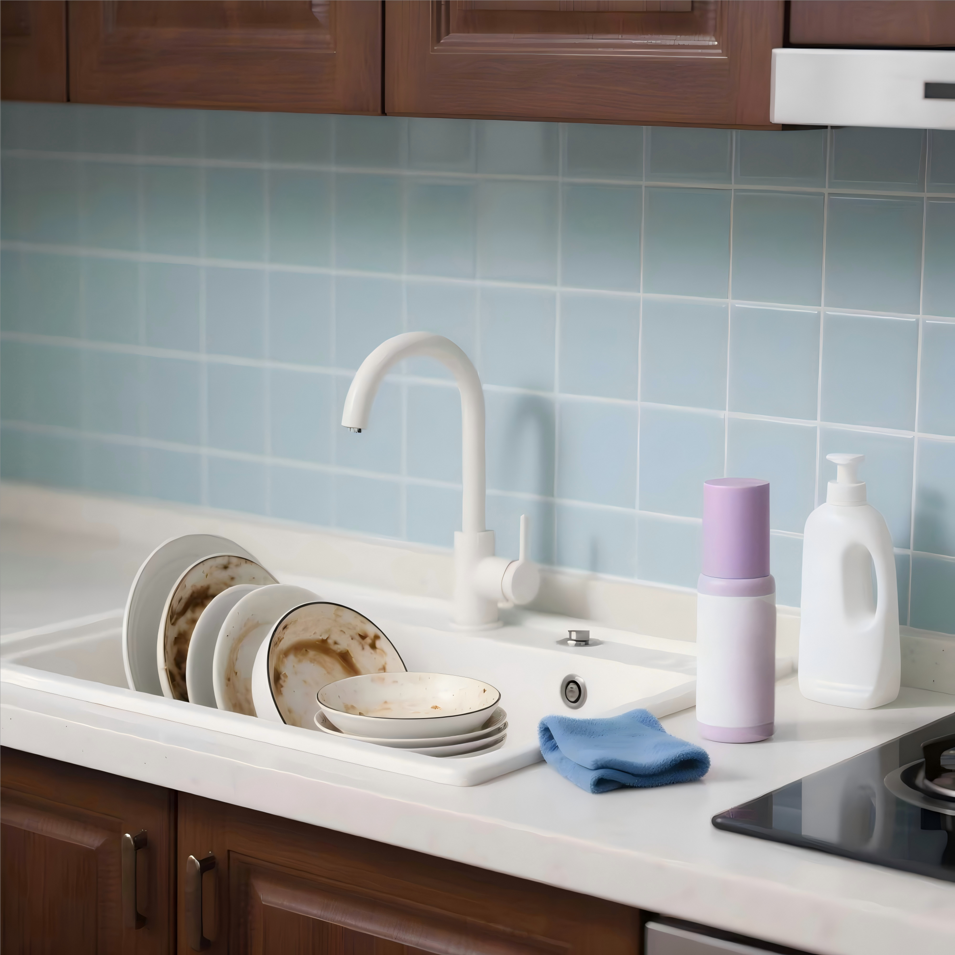 Yinchee Household Cleaning Fragrance Oil bottle and detergent container on kitchen sink with dirty dishes