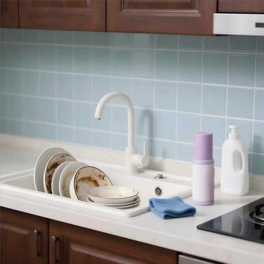 Yinchee Household Cleaning Fragrance Oil bottle and detergent container on kitchen sink with dirty dishes