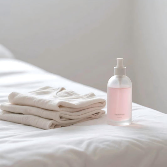 Yinchee Fabric Care Fragrance Oil – Fresh & Clean Lavender Citrus scent bottle on folded linens for detergent & fabric softener applications
